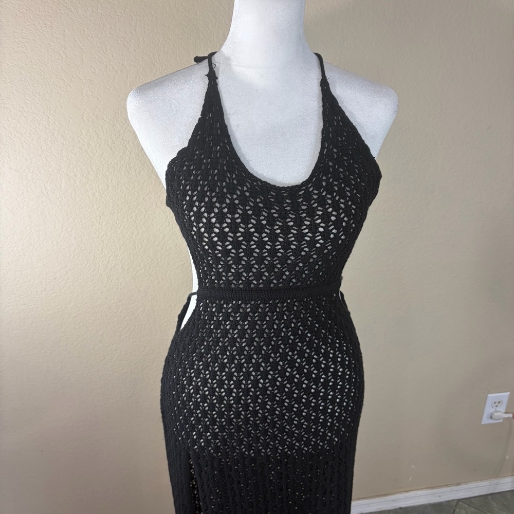Meshki Malia Cut Out Crochet Maxi Dress Black Sz S Beachy Vacay Honeymoon - Picture 5 of 12